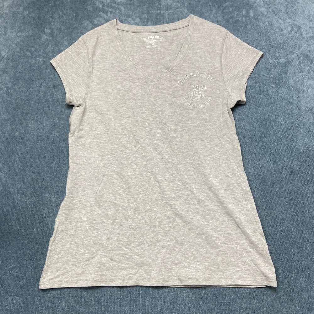 Beverly Hills Polo Club T Shirt Womens XL Gray Cotton Logo V Neck Performance